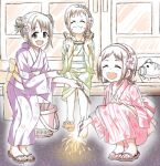  3girls brown_hair fireworks food fruit hairband highres idolmaster idolmaster_cinderella_girls imai_kana japanese_clothes kimono kuhuku120 md5_mismatch multiple_girls muramatsu_sakura oohara_michiru sandals watermelon yukata 