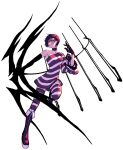  1girl arrow_(projectile) bare_shoulders black_gloves bow_(weapon) choker closed_mouth collarbone elbow_gloves eyeshadow gloves highres holding holding_bow_(weapon) holding_weapon inkey_(wzwing) makeup one_eye_closed original pink_lips red_choker red_eyes red_hair short_hair simple_background single_bare_shoulder single_elbow_glove solo striped striped_legwear thighhighs weapon white_background zipper zipper_pull_tab 