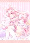  1girl animal_ears blush bow breasts bunny chiika_(cure_cherish) choker dress eyebrows_visible_through_hair frilled_dress frills hair_bow highres holding large_breasts letterboxed looking_at_viewer lying one_eye_closed original pink_dress pink_eyes pink_hair puffy_short_sleeves puffy_sleeves rabbit_ears short_dress short_sleeves smile thighhighs two_side_up wings zettai_ryouiki 