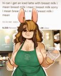  anthro apron apron_only big_breasts blonde_hair breasts brown_eyes brown_hair cafe chest_tuft clothed clothing container cup ear_piercing english_text female green_apron hair holding_cup holding_object i_mean_breast_milk inside lagomorph leporid mammal mellonbun meme mostly_nude multicolored_hair one_eye_closed piercing pink_inner_ear rabbit solo starbucks text tuft twitter two_tone_hair 