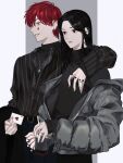  2boys arm_over_shoulder black_eyes black_hair card chokeke_005 hair_down hisoka_morow holding holding_card holding_needle holding_weapon hunter_x_hunter illumi_zoldyck jacket long_hair long_sleeves male_focus multiple_boys needle otoko_no_ko red_hair smile weapon yellow_eyes 