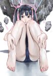  1girl bangs bare_legs barefoot black_hair blue_swimsuit closed_mouth expressionless feet fingernails floating floating_object full_body hair_bobbles hair_ornament hand_on_own_leg highres inamitsu_shinji knees_together_feet_apart knees_up lips long_hair looking_at_viewer multicolored_eyes nail_polish one-piece_swimsuit original outline pink_nails reward_available rock school_swimsuit shadow sitting solo swimsuit tareme toenail_polish toenails toes twintails white_background 
