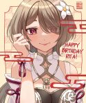  1girl artist_name bangs bare_shoulders breasts brown_hair character_name china_dress chinese_clothes cleavage closed_mouth dress eiimei flower hair_flower hair_ornament hair_over_one_eye happy_birthday highres honkai_(series) honkai_impact_3rd lipstick long_hair looking_at_viewer makeup mole mole_under_eye purple_eyes rita_rossweisse rita_rossweisse_(artemis) smile solo white_flower 