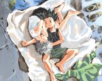  2boys black_eyes black_hair blanket child gon_freecss highres hunter_x_hunter jacket killua_zoldyck lying male_focus mito_tomiko multiple_boys on_back on_side shoes shorts sleeping sleeping_on_person sleeveless spiked_hair white_hair 