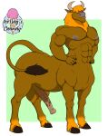  1ceberg absurd_res animal_genitalia animal_penis ball_tuft balls big_balls big_penis bovid bovid_taur covered_eyes equine_penis erection genitals hands_on_hips hi_res hooves looking_at_viewer male mammal mammal_taur muscular muscular_male nipples penis solo standing taur tuft 