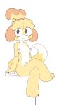  9:16 animal_crossing anthro blush breasts canid canine canis claws collarbone crossed_legs domestic_dog eyebrow_through_hair eyebrows female hair hi_res isabelle_(animal_crossing) mammal navel nintendo nude sarcobutter sitting smile solo translucent translucent_hair video_games 