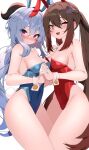  2girls animal_ears armpits bangs blue_hair blue_leotard blue_nails blush breasts brown_hair cleavage covered_navel eyebrows_visible_through_hair fingers_together flower-shaped_pupils ganyu_(genshin_impact) genshin_impact groin highres horns hu_tao_(genshin_impact) leotard long_hair looking_at_viewer low_ponytail medium_breasts multiple_girls nail_polish nose_blush one_eye_closed playboy_bunny purple_eyes rabbit_ears rabbit_tail red_eyes red_leotard shoulder_grab sideboob sidelocks skindentation smile standing sweat symbol-shaped_pupils tail thighs w.k white_background wrist_cuffs 