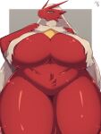  big_breasts biped blaziken blue_eyes breasts female feral fur hi_res looking_at_viewer nintendo pok&eacute;mon pok&eacute;mon_(species) red_body signature solo thick_thighs video_games white_body white_fur 