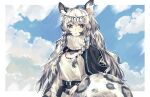  1girl animal_ear_fluff animal_ears arknights bangs belt belt_pouch braid closed_mouth cloud dress frown grey_eyes greyscale highres jewelry leopard_ears leopard_tail long_hair monochrome necklace pouch pramanix_(arknights) shidare_(youh4016) solo tail turtleneck turtleneck_dress twin_braids upper_body watch wristwatch 