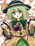  1girl :o black_headwear blouse blush bright_pupils buttons collared_blouse commentary_request cowboy_shot diamond_button eyeball eyebrows_visible_through_hair frilled_shirt_collar frilled_sleeves frills green_eyes green_hair green_skirt hair_between_eyes hat hat_ribbon heart heart_background highres kayon_(touzoku) komeiji_koishi long_sleeves looking_at_viewer medium_hair open_mouth ribbon simple_background skirt solo third_eye touhou wavy_hair white_background wide_sleeves yellow_blouse yellow_ribbon 