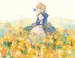  1girl ahoge artoria_pendragon_(fate) blonde_hair blue_dress blue_eyes braid bug butterfly cleavage_cutout clothing_cutout dress fate/stay_night fate_(series) field flower flower_field french_braid from_side highres juliet_sleeves long_sleeves machi_(uqyjee) painterly puffy_sleeves purple_ribbon ribbon saber solo 