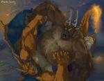 2023 anthro beach beard belly big_belly body_hair charizard chest_hair deer duo facial_hair fire generation_1_pokemon hair hairy hairy_belly hand_on_body kent_(pacific_coyote) male male/male mammal musclegut muscular navel nintendo nipples overweight pacific_coyote painting_(artwork) pokemon pokemon_(species) sunset tussling wide_hips wrestling