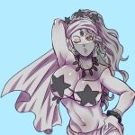  1girl arm_up breasts earrings headdress jewelry jojo_no_kimyou_na_bouken large_breasts long_hair midler midriff monochrome mouth_veil necklace one_eye_closed pasties ponytail revealing_clothes solo star_pasties stardust_crusaders tanakaoften veil 