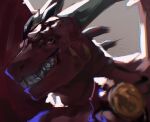  anthro dragon dud_bass fangs gold_(metal) grin hi_res horn jarek male smile smug_face smug_grin solo spikes stripes wings 