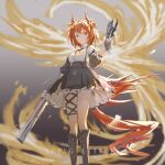  1girl absurdres animal_ears arknights bird_ears bird_girl bird_tail black_background black_footwear black_skirt blurry blurry_background boots feet_out_of_frame fiammetta_(arknights) gun hair_between_eyes highres holding holding_gun holding_weapon looking_at_viewer loong red_eyes red_hair shirt short_hair skirt solo tail weapon white_shirt 