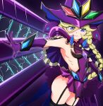  1girl absurdres ass blue_eyes blush braid braided_ponytail carol_malus_dienheim closed_mouth electricity garter_straps hat highres long_hair looking_at_viewer microskirt mole mole_under_eye ribs senki_zesshou_symphogear shiny shiny_hair shiny_skin side_cutout sideless_outfit skirt solo thighhighs user_kaph7525 