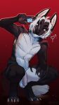  2022 5_fingers 9:16 anthro balls black_body black_fur canid canine claws digital_media_(artwork) fingers fur genitals hair hi_res looking_at_viewer male mammal nitani penis red_background simple_background smile solo whit_eyes white_body white_fur white_hair 
