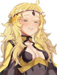  1girl absurdres ahoge asymmetrical_bangs bangs blonde_hair blush bodystocking breasts cape circlet closed_mouth commission commissioner_upload fire_emblem fire_emblem_fates grey_eyes highres long_hair medium_breasts misokatsuhaumai non-web_source ophelia_(fire_emblem) pantyhose solo sweat turtleneck upper_body 