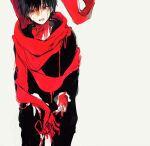  1boy black_hair black_pants black_shirt blood holding holding_scissors implied_suicide kagerou_project kisaragi_shintarou male_focus nuriko-kun pants red_eyes red_scarf scarf scissors shirt simple_background solo 