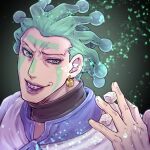  1boy between_fingers cioccolata earrings evil_grin evil_smile facial_mark green_eyes green_hair grin jewelry jojo_no_kimyou_na_bouken lipstick makeup male_focus purple_lips smile solo sugar_cube tanakaoften vento_aureo 