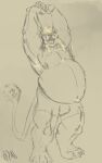 2022 armpit_hair belly big_belly body_hair bulge charr chest_hair clothing felid guild_wars hair hairy_belly hi_res male mammal navel nipple_piercing nipples open_mouth overweight overweight_male pacific_coyote piercing signature solo stretching stretching_arms thick_thighs underwear wide_hips yawn