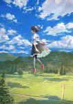  1girl 1other \||/ black_hair black_legwear black_skirt blue_sky building cloud cloudy_sky commentary day field fir_tree fjsmu floating frilled_skirt frills from_side full_body hat highres landscape medium_skirt mountain mountainous_horizon no_wings open_hand outdoors outstretched_arms pantyhose path pointy_ears pom_pom_(clothes) red_footwear red_headwear rice_paddy scarecrow scenery shameimaru_aya shirt short_hair skirt sky tokin_hat touhou tree upskirt white_shirt 
