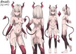  1girl back bangs bare_shoulders barefoot blurry breasts character_name character_sheet collarbone commentary demon_girl demon_horns depth_of_field detached_sleeves english_commentary full_body hair_between_eyes hand_on_hip highres horns jourd4n looking_at_viewer medium_hair multiple_views navel original pointy_ears red_eyes shoulder_blades simple_background slit_pupils small_breasts smile stomach white_background white_hair 