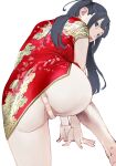  1girl all_fours ass back bandaid bandaid_on_pussy bangs bare_legs bent_over black_hair blue_eyes china_dress chinese_clothes dress expressionless from_behind highres inamitsu_shinji lips long_hair looking_at_viewer looking_back no_panties original partially_visible_vulva print_dress red_dress reward_available short_dress short_sleeves sidelocks simple_background solo twintails white_background 