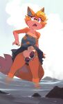  2022 absurd_res animal_crossing anthro audie_(animal_crossing) bottomless breasts canid canine canis cleavage clothed clothing clothing_lift cloud convenient_censorship dress dress_lift edtropolis eyewear fangs female fur hair hi_res looking_at_viewer looking_down mammal navel nintendo open_mouth outside partially_submerged patreon pineapple_pattern rock solo standing sunglasses tongue video_games water wolf 