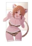  1girl :d absurdres alternate_costume animal_ears animal_print ass_visible_through_thighs bangs bare_shoulders bikini blush breasts brown_eyes brown_hair claw_pose cleavage cowboy_shot cropped_legs eyebrows_visible_through_hair fang fur-trimmed_bikini fur-trimmed_legwear fur_trim girls_und_panzer head_tilt highres large_breasts leaning_forward looking_at_viewer nagomiya_(shousha) navel nishizumi_miho open_mouth outside_border short_hair skin_fang smile solo standing strapless strapless_bikini sweatdrop swimsuit tail thighhighs tiger_ears tiger_print tiger_tail yellow_bikini 