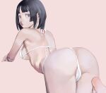  1girl all_fours ass back bangs barefoot bikini black_hair blunt_bangs breasts cameltoe from_behind highres inamitsu_shinji lips looking_at_viewer looking_back medium_breasts original pink_background purple_eyes reward_available short_hair simple_background solo swimsuit white_bikini 