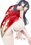  1girl all_fours ass back bangs bare_legs bent_over black_hair blue_eyes china_dress chinese_clothes dress expressionless from_behind highres inamitsu_shinji lips long_hair looking_at_viewer looking_back original panties print_dress red_dress reward_available short_dress short_sleeves sidelocks simple_background solo twintails underwear white_background white_panties 