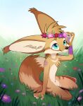  2022 anthro aseethe brown_body brown_fur brown_nose canid canine digital_media_(artwork) fennec fox fur grass hi_res male mammal plant smile solo 