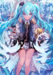  1girl :&lt; absurdres aqua_eyes aqua_hair bangs bunny closed_mouth epaulettes hair_between_eyes hat hatsune_miku highres kaamin_(mariarose753) long_hair long_sleeves looking_at_viewer open_mouth rabbit_yukine sitting skirt solo twintails very_long_hair vocaloid white_skirt yuki_miku yuki_miku_(2020) 