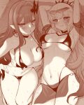  2girls armpits arms_behind_head arms_up bangs bare_shoulders bikini bracelet braid breasts choker cleavage collarbone earrings fairy_knight_tristan_(fate) fate/grand_order fate_(series) french_braid goggles goggles_on_head greyscale grin highres jewelry large_breasts long_hair looking_at_viewer lying m-da_s-tarou monochrome morgan_le_fay_(fate) multiple_girls navel on_back open_mouth pointy_ears ponytail sidelocks smile sweat swimsuit thighs tiara very_long_hair wrist_cuffs 