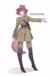 1girl alternate_costume animal_ears arknights belt black_belt boots brown_headwear brown_jacket brown_pants collared_shirt dur-nar_(arknights) eyebrows_visible_through_hair fox_ears fox_girl fox_tail gloves grey_gloves grey_necktie hat highres jacket kaleka looking_at_viewer necktie pants purple_hair shadow shirt short_hair simple_background solo star_(symbol) tail thigh_boots thighhighs white_background white_shirt 