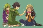  1girl 2boys black_hair blonde_hair card cheating_(competitive) green_hair hood hood_down hoodie kagerou_project kano_shuuya kido_tsubomi multiple_boys nuriko-kun playing_card red_eyes seto_kousuke simple_background sitting 