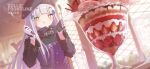  1girl :q afterimage alithea_jane beret black_gloves blush chair character_name copyright_name cross cup dated_commentary day dessert drinking_glass drinking_straw dual_wielding dutch_angle food fruit girls&#039;_frontline gloves green_eyes hands_up hat heart heart-shaped_pupils highres hime_cut hk416_(girls&#039;_frontline) holding ice ice_cream ice_cube indoors iron_cross jacket long_hair looking_at_viewer multicolored_clothes multicolored_gloves parfait silver_hair smile solo spoon strawberry symbol-shaped_pupils table teardrop_tattoo tongue tongue_out upper_body white_gloves window 