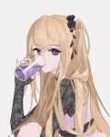  1girl arknights black_flower black_gloves blonde_hair closed_mouth cup dress drink drinking drinking_glass elbow_gloves fingerless_gloves flower gloves hair_flower hair_ornament highres holding holding_cup indigo_(arknights) indigo_(serene_day)_(arknights) jinqing knee_up long_hair looking_at_viewer official_alternate_costume one_side_up purple_dress purple_eyes simple_background sitting sleeveless sleeveless_dress solo very_long_hair white_background 