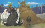 2022 ambiguous_gender ambiguous_prey anthro belly big_belly black_body black_fur body_hair canid canine canis chest_hair cloud deer domestic_dog duo feathered_wings feathers feral fur gate grass hairy_belly halo male male_pred mammal musclegut muscular nipples overweight pacific_coyote painting_(artwork) people_in_background plant signature sitting sky squirming vivarium vore wide_hips wings zoological_gardens