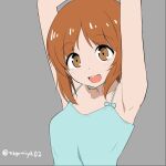  1girl armpits arms_up bangs blue_shirt brown_eyes brown_hair camisole casual commentary eyebrows_visible_through_hair girls_und_panzer grey_background looking_at_viewer nagomiya_(shousha) nishizumi_miho open_mouth shirt short_hair simple_background smile solo twitter_username upper_body 