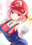  1girl alternate_costume bangs breasts chest_jewel cosplay fire hat highres karuushi large_breasts mario mario_(cosplay) mario_(series) overalls pyra_(xenoblade) red_eyes red_hair short_hair solo super_mario_bros. swept_bangs 