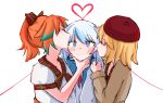  3girls beret blonde_hair blue_eyes blue_hair blush brown_cardigan cardigan closed_eyes double_cheek_kiss gawr_gura hand_on_another&#039;s_face hand_on_another&#039;s_shoulder hat heart highres hololive hololive_english holomyth kiss kissing_cheek medium_hair multicolored_hair multiple_girls orange_hair plaid ponytail ribbon school_uniform silver_hair simple_background streaked_hair surprised takanashi_kiara tertowo virtual_youtuber watson_amelia white_background yuri 