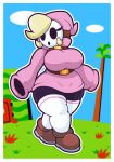  belt big_breasts black_body blonde_hair border breasts brown_clothing brown_footwear clothed clothing female footwear hair hi_res hoodie humanoid legwear long_sleeves mario_bros mask nintendo not_furry shoes short_stack shyguy simple_background solo thick_thighs thigh_highs thisnameistaken topwear video_games white_border wide_hips 