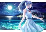  1girl beach blurry chinese_commentary cloud cloudy_sky collared_dress depth_of_field dress floating_hair flowers_(innocent_grey) from_side full_moon hair_ornament hair_scrunchie highres kafkasea long_hair moon night night_sky outstretched_arm outstretched_hand ponytail profile red_ribbon ribbon scrunchie sidelocks silver_hair sky sleeveless sleeveless_dress smile solo very_long_hair water waves yatsushiro_yuzuriha 