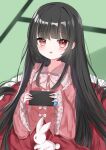  1girl absurdres bangs black_hair blunt_bangs blurry blurry_background bow bowtie bunny collarbone controller dress dress_bow eyebrows_visible_through_hair game_controller highres hime_cut holding holding_controller holding_game_controller houraisan_kaguya long_hair long_sleeves looking_at_viewer multiple_bows nintendo_switch okome2028 open_mouth pink_dress red_eyes red_skirt sitting skirt solo touhou very_long_hair white_bow white_bowtie wide_sleeves 