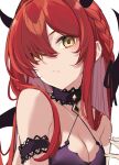  1girl arm_strap bare_shoulders black_choker braid breasts choker cleavage closed_mouth demon_horns hair_over_one_eye highres horns long_hair looking_at_viewer medium_breasts original red_hair sidelocks solo takehana_note upper_body yellow_eyes 