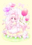  1girl animal_ears back_bow balloon between_legs blush bow breasts bunny chiika_(cure_cherish) dress easter egg english_text eyebrows_visible_through_hair hair_bow hand_between_legs highres large_breasts looking_at_viewer open_mouth original picnic_basket pink_bow pink_eyes pink_hair puffy_short_sleeves puffy_sleeves rabbit_ears short_sleeves smile two_side_up yellow_background yellow_dress 