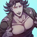  1boy bad_id bad_pixiv_id bare_pectorals black_hair giga_omega jojo_no_kimyou_na_bouken large_pectorals male_focus muscular muscular_male muted_color nipple_slip nipples open_clothes open_shirt pectoral_cleavage pectorals red_eyes solo spot_color stardust_crusaders steely_dan tongue tongue_out v-neck 