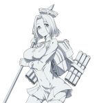  1girl bangs breasts dress glaive gloves greyscale highres holding holding_polearm holding_weapon kantai_collection kukurus large_breasts long_sleeves looking_at_viewer mechanical_halo monochrome neck_ribbon polearm ribbon rigging short_hair simple_background smile solo tatsuta_(kancolle) thighhighs weapon 